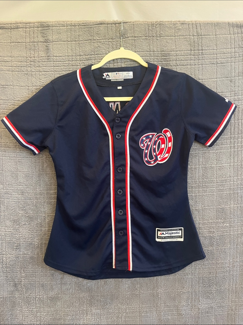 Majestic Navy Women's Button-Front Baseball Jersey with Red & White Trim